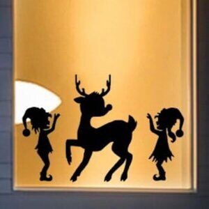 Christmas Window Decal Set, Reindeer and Elves Silhouette, 23 x 15 Inches